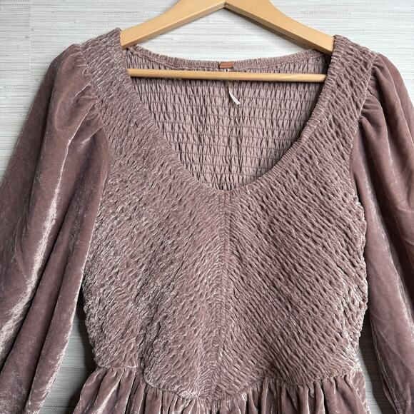 Free People mini dress velvet smocked pleated boho cocktail party Medium - Picture 5 of 9